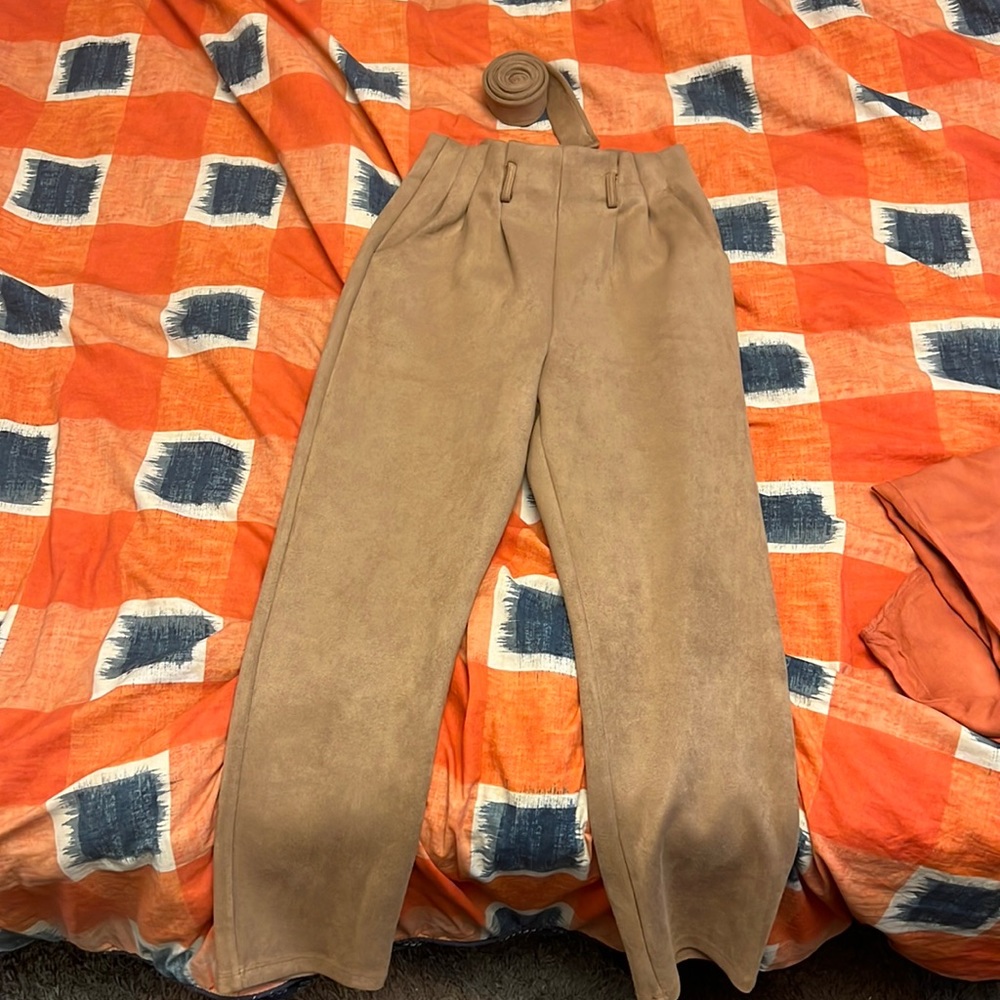 Beige, soft, velvet pants with matching velvet belt.